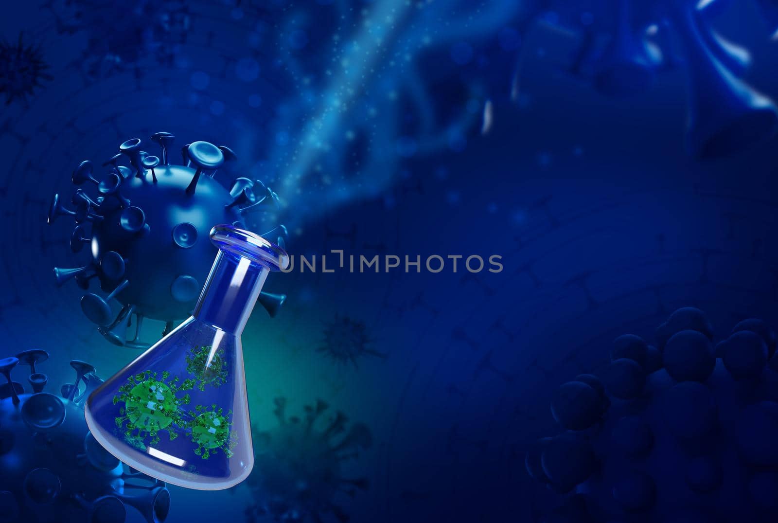 Laboratory glass flask with green micro cells concept background