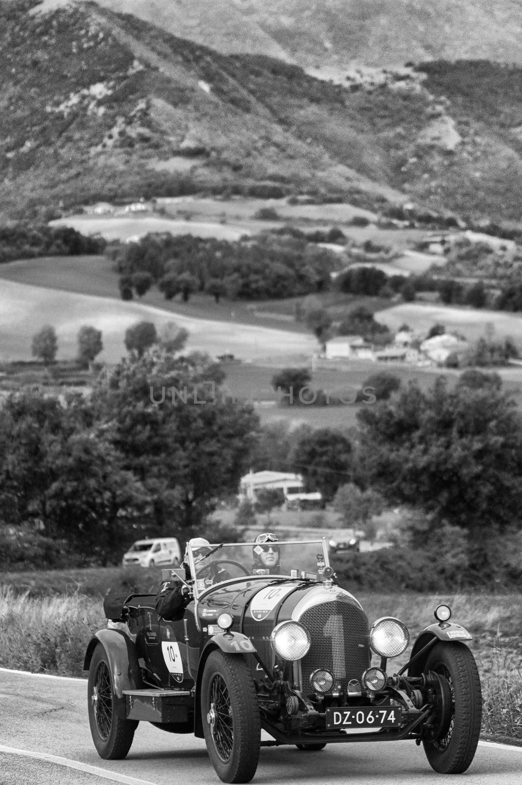 CAGLI , ITALY - OTT 24 - 2020 : BENTLEY 3 LITRI on an old racing car in rally Mille Miglia 2020 the famous italian historical race (1927-1957)