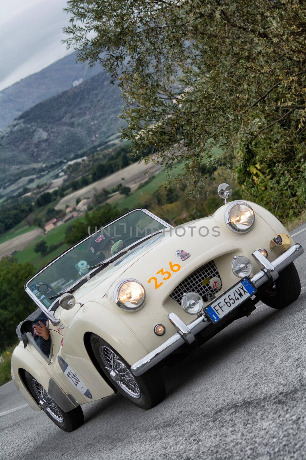 TRIUMPH TR 2 SPORTS on an old racing car in rally Mille Miglia 2020 the famous italian historical race (1927-1957) by massimocampanari