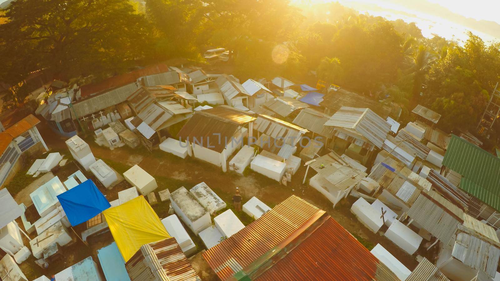 Aerial video of the cemetery early in the morning at dawn in the city of Coron. Philippines