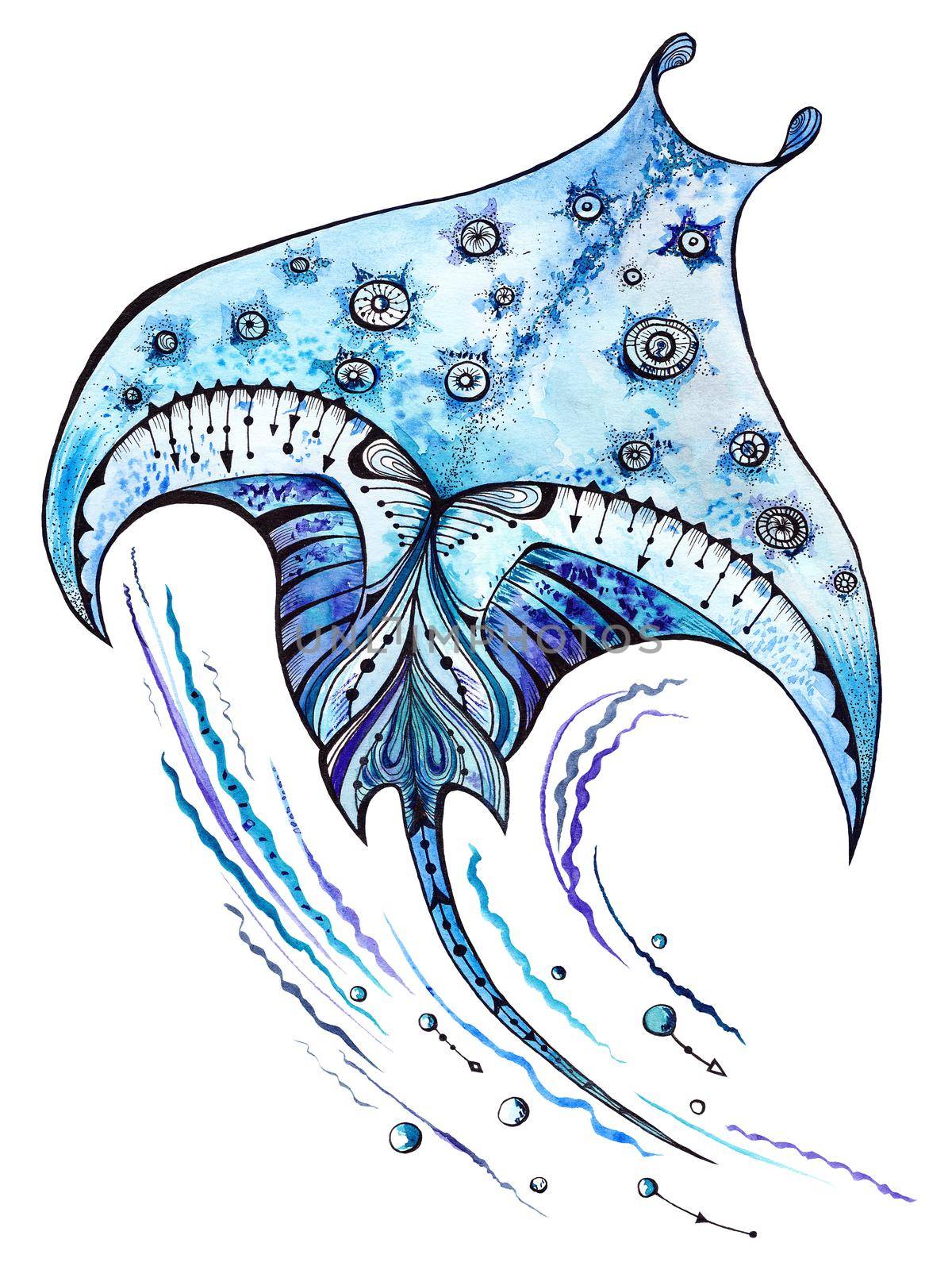 Manta ray sea animal watercolor and ink illustration by kisika
