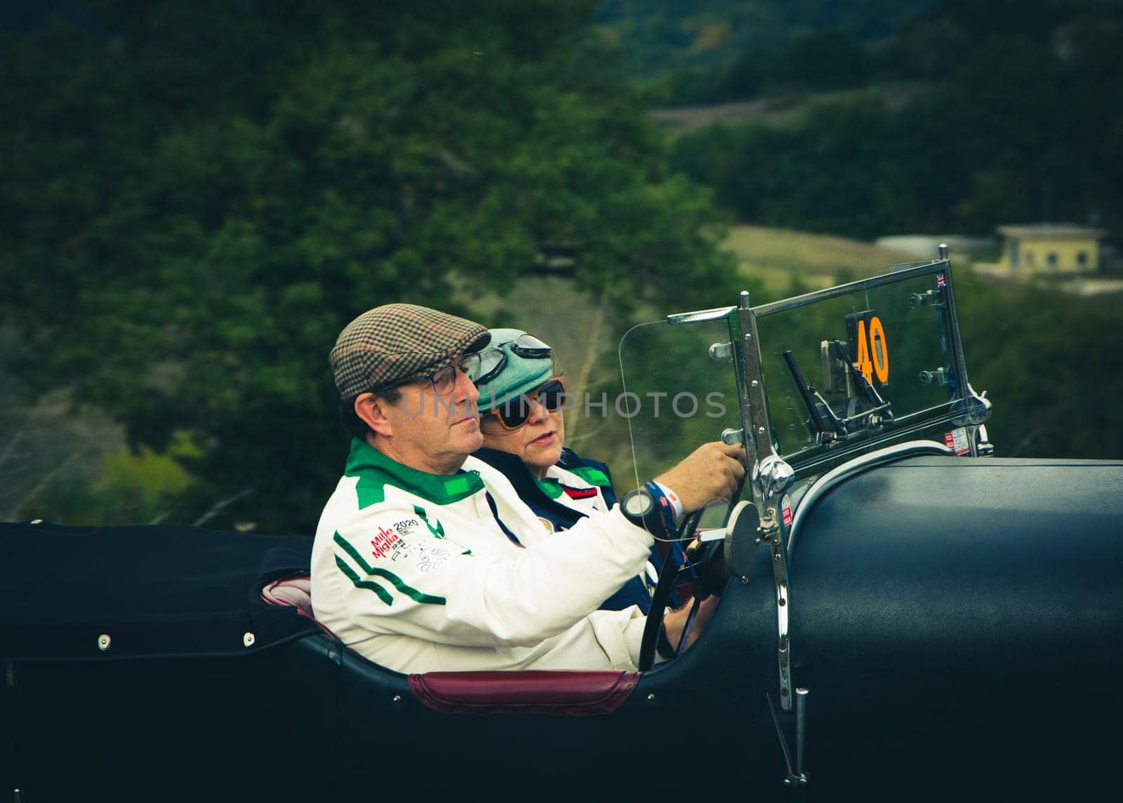 CAGLI , ITALY - OTT 24 - 2020 : BENTLEY 4.5 LITRE on an old racing car in rally Mille Miglia 2020 the famous italian historical race (1927-1957)