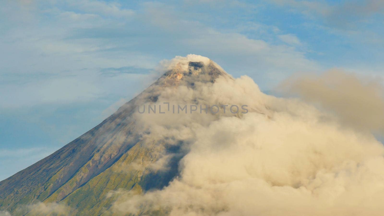 Mount Mayon Volcano in the province of Bicol, Philippines. Clouds Timelapse