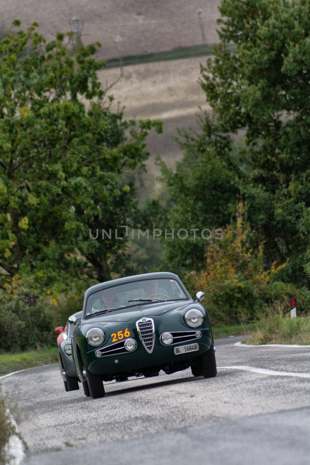 CAGLI , ITALY - OTT 24 - 2020 : ALFA ROMEO 1900 SS on an old racing car in rally Mille Miglia 2020 the famous italian historical race (1927-1957)