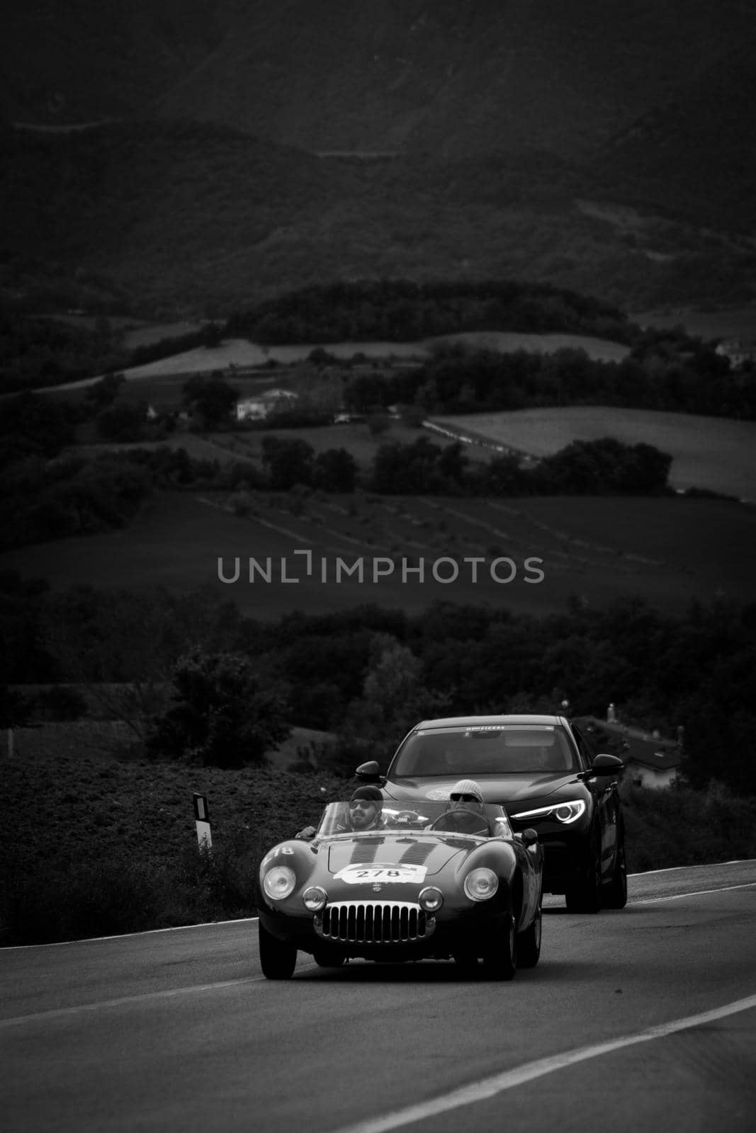 CAGLI , ITALY - OTT 24 - 2020 : OSCA mt 4 1500 2ad on an old racing car in rally Mille Miglia 2020 the famous italian historical race (1927-1957