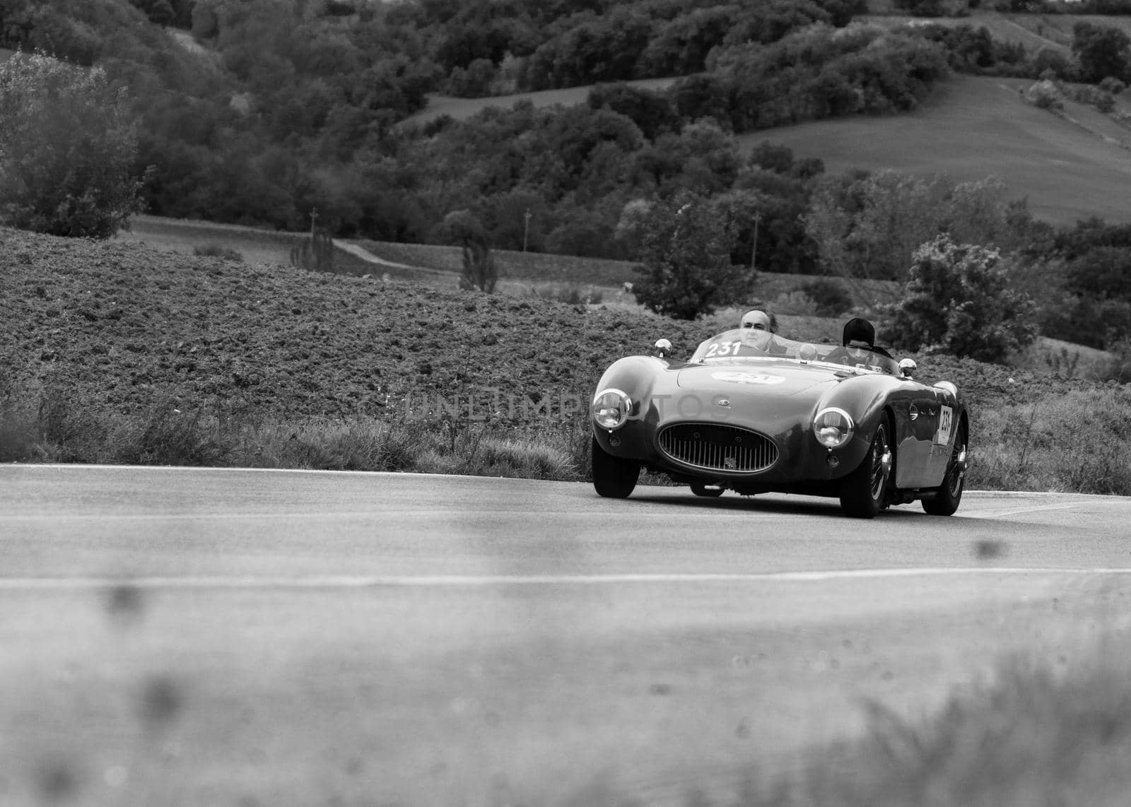 CAGLI , ITALY - OTT 24 - 2020 : ALFA ROMEO 2000 SPORT CONRERO on an old racing car in rally Mille Miglia 2020 the famous italian historical race (1927-1957)