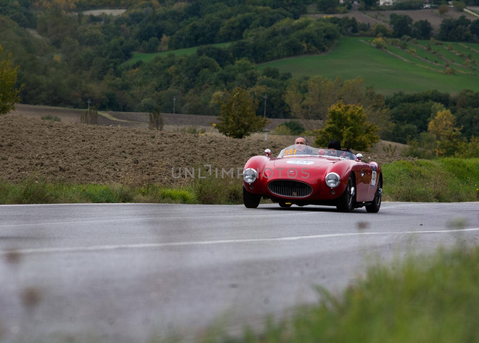 CAGLI , ITALY - OTT 24 - 2020 : ALFA ROMEO 2000 SPORT CONRERO on an old racing car in rally Mille Miglia 2020 the famous italian historical race (1927-1957)