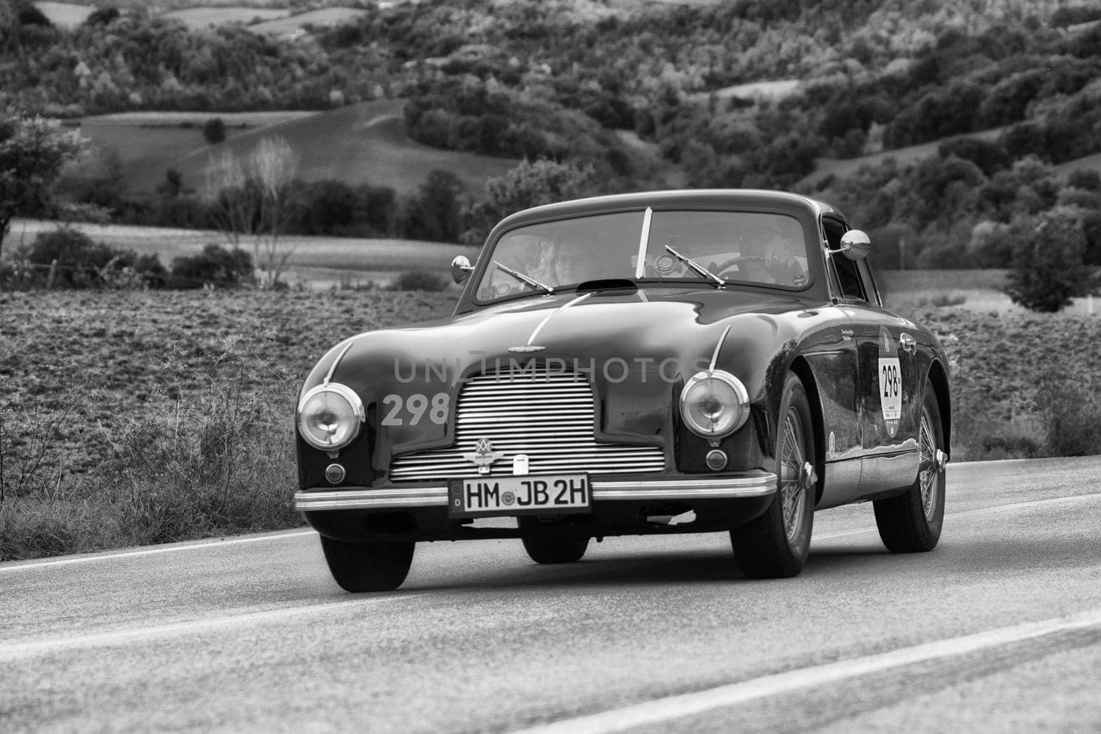 CAGLI , ITALY - OTT 24 - 2020 : ASTON MARTIN DB 2 VINTAGE on an old racing car in rally Mille Miglia 2020 the famous italian historical race (1927-1957)