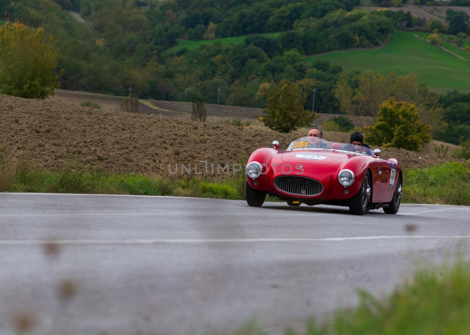 CAGLI , ITALY - OTT 24 - 2020 : ALFA ROMEO 2000 SPORT CONRERO on an old racing car in rally Mille Miglia 2020 the famous italian historical race (1927-1957)