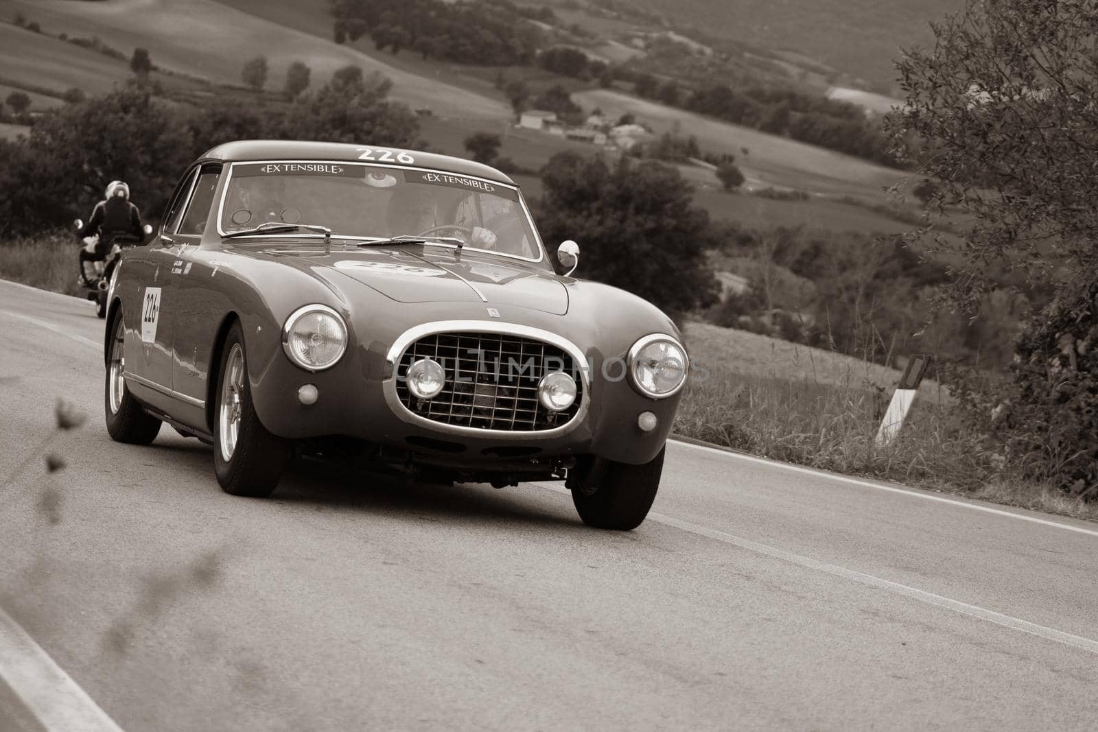 CAGLI , ITALY - OTT 24 - 2020 : FERRARI 212 INTER EUROPA 1953 on an old racing car in rally Mille Miglia 2020 the famous italian historical race (1927-1957)