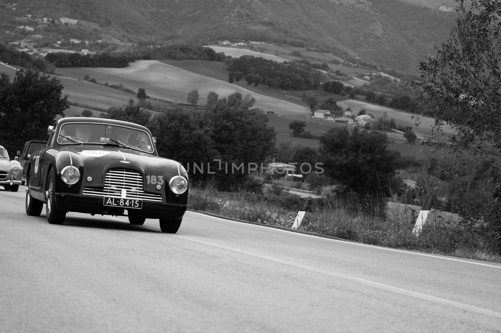 CAGLI , ITALY - OTT 24 - 2020 : ASTON MARTIN DB 2 on an old racing car in rally Mille Miglia 2020 the famous italian historical race (1927-1957)