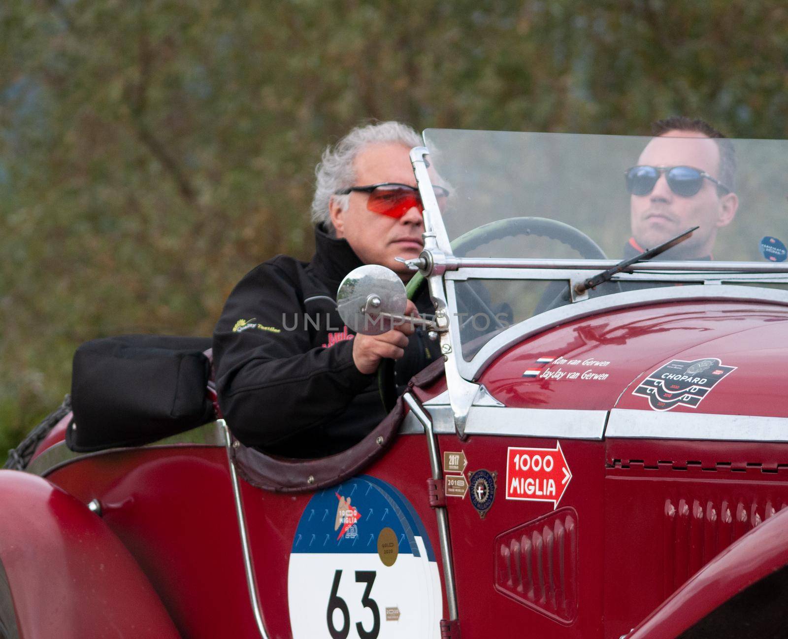 CAGLI , ITALY - OTT 24 - 2020 : J ALFA ROMEO 6C 1750 GS ZAGATO on an old racing car in rally Mille Miglia 2020 the famous italian historical race (1927-1957)