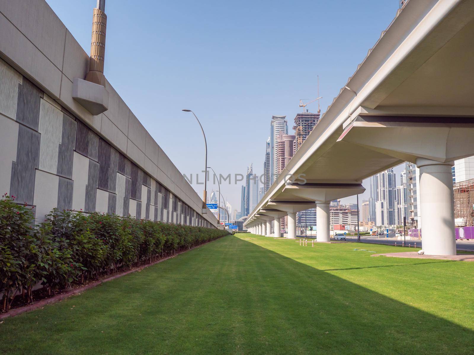 A green flowerbed with grass next to the road on Dubai Street. by DovidPro