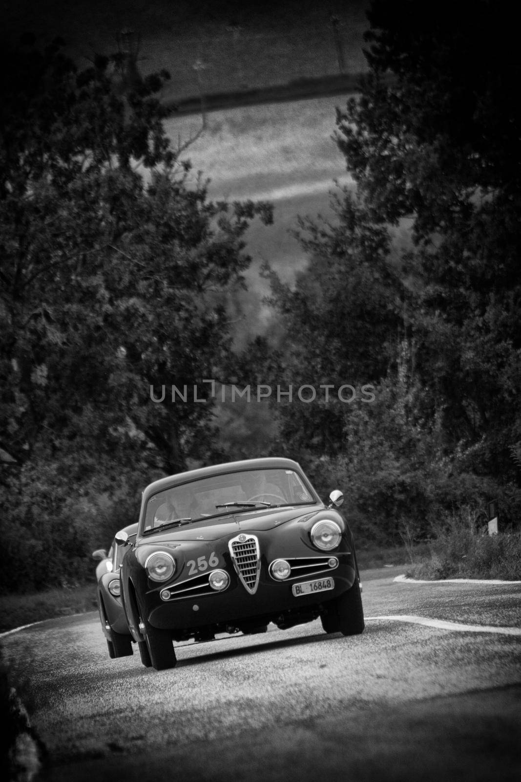 CAGLI , ITALY - OTT 24 - 2020 : ALFA ROMEO 1900 SS on an old racing car in rally Mille Miglia 2020 the famous italian historical race (1927-1957)