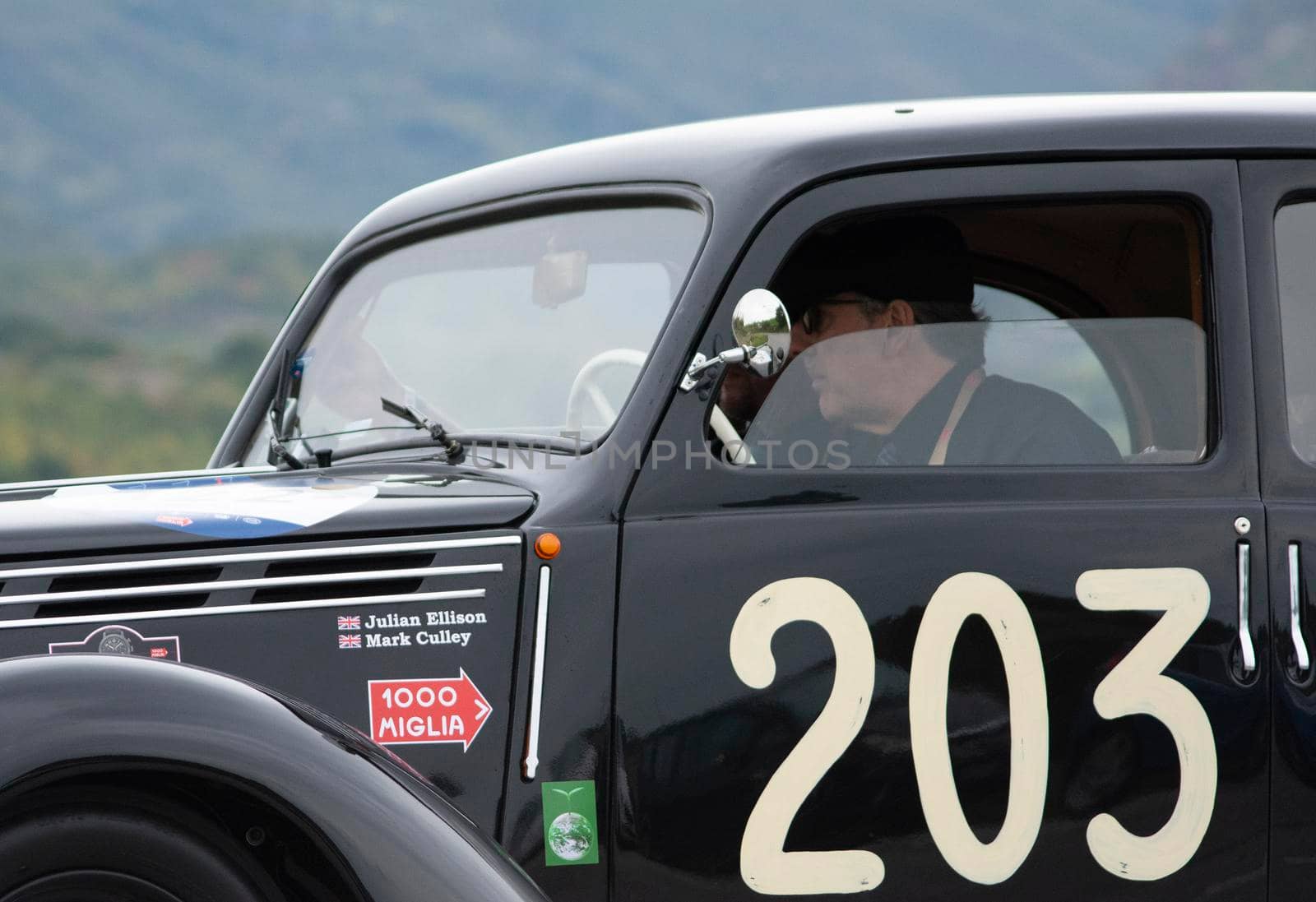 CAGLI , ITALY - OTT 24 - 2020 : FIAT 1099 MUSONE 1947 on an old racing car in rally Mille Miglia 2020 the famous italian historical race (1927-1957)