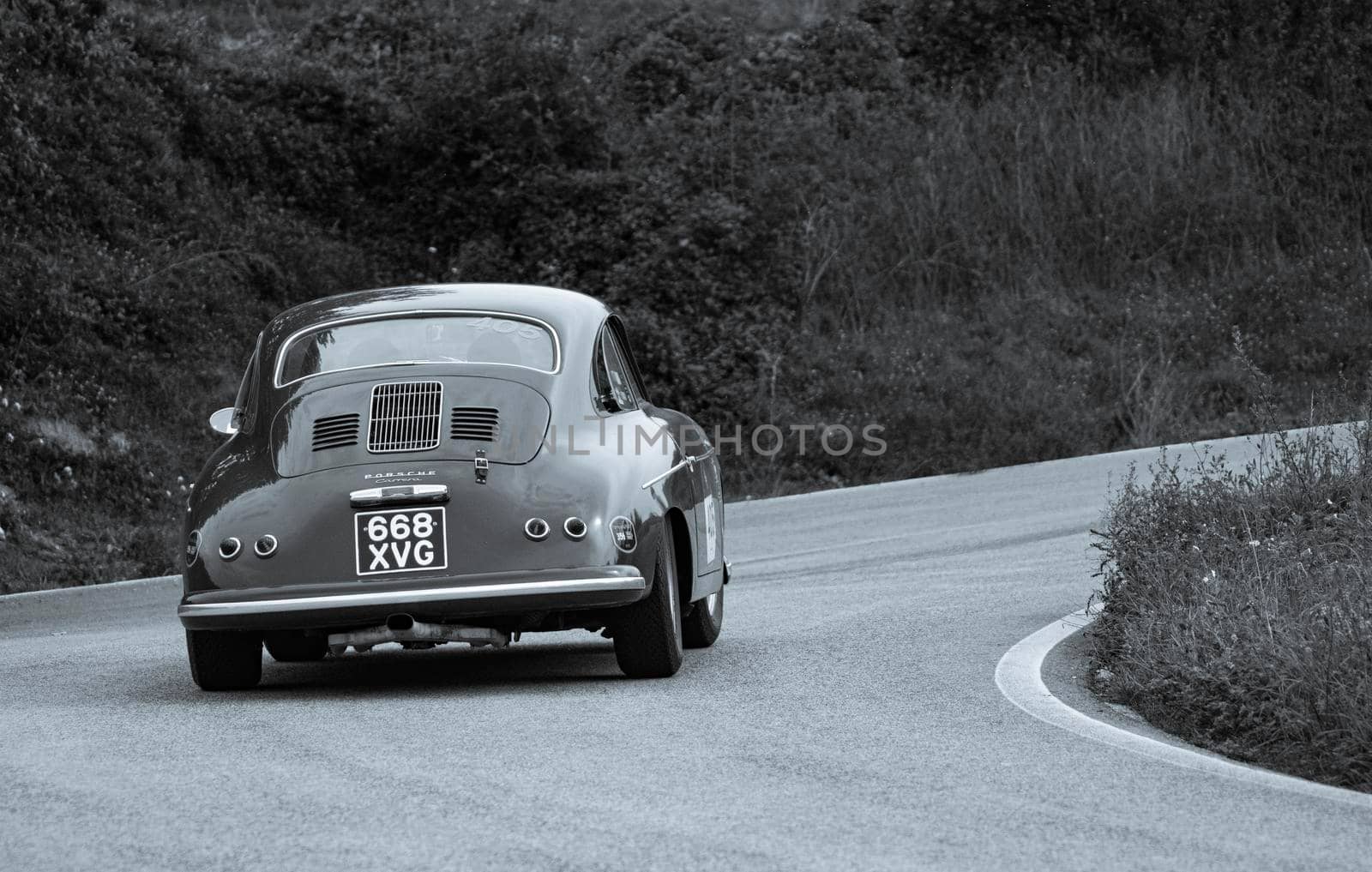 CAGLI , ITALY - OTT 24 - 2020 : PORSCHE 356 A CARRERA 1500 GS 1956 on an old racing car in rally Mille Miglia 2020 the famous italian historical race (1927-1957)