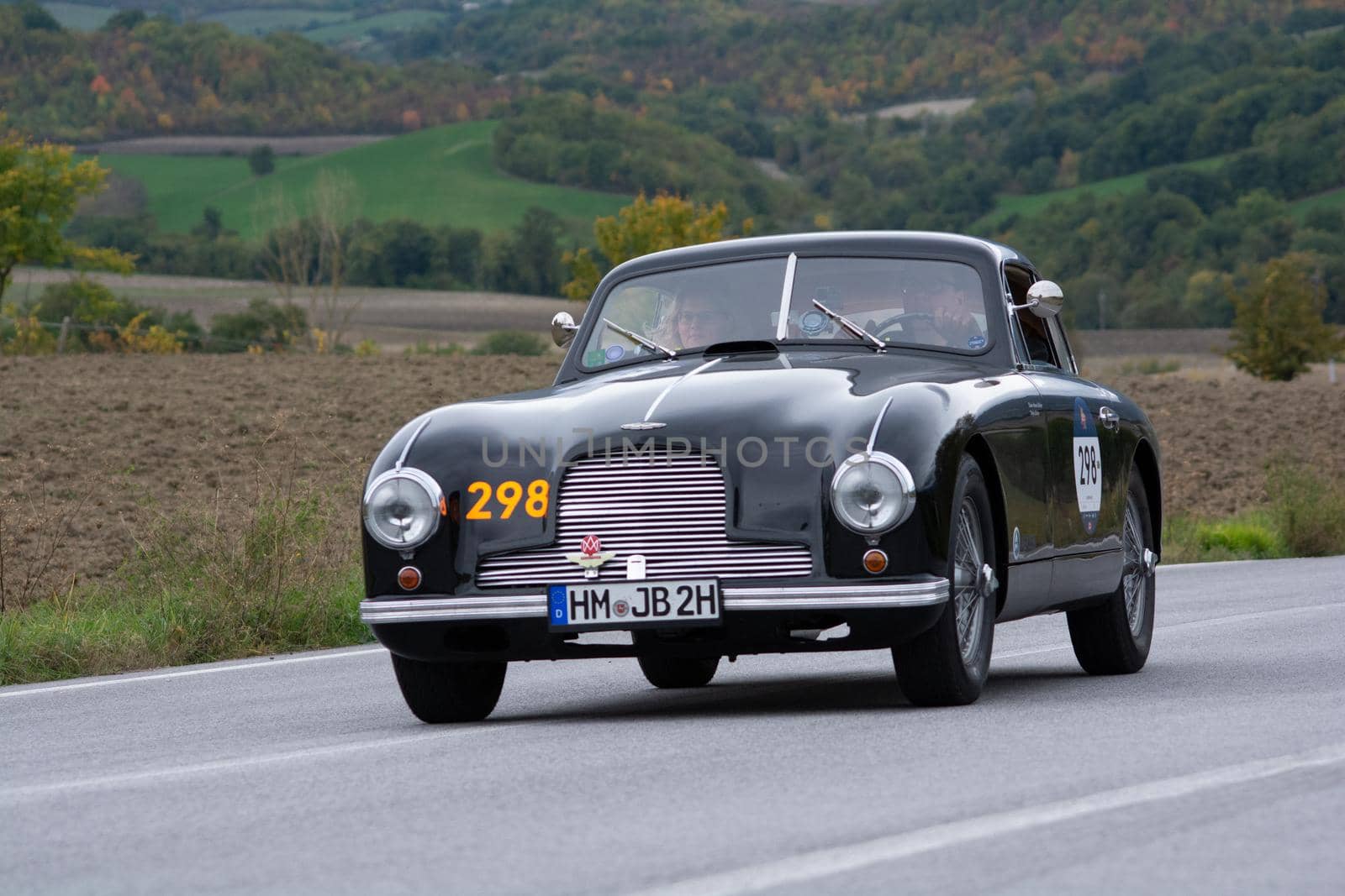 CAGLI , ITALY - OTT 24 - 2020 : ASTON MARTIN DB 2 VINTAGE on an old racing car in rally Mille Miglia 2020 the famous italian historical race (1927-1957)