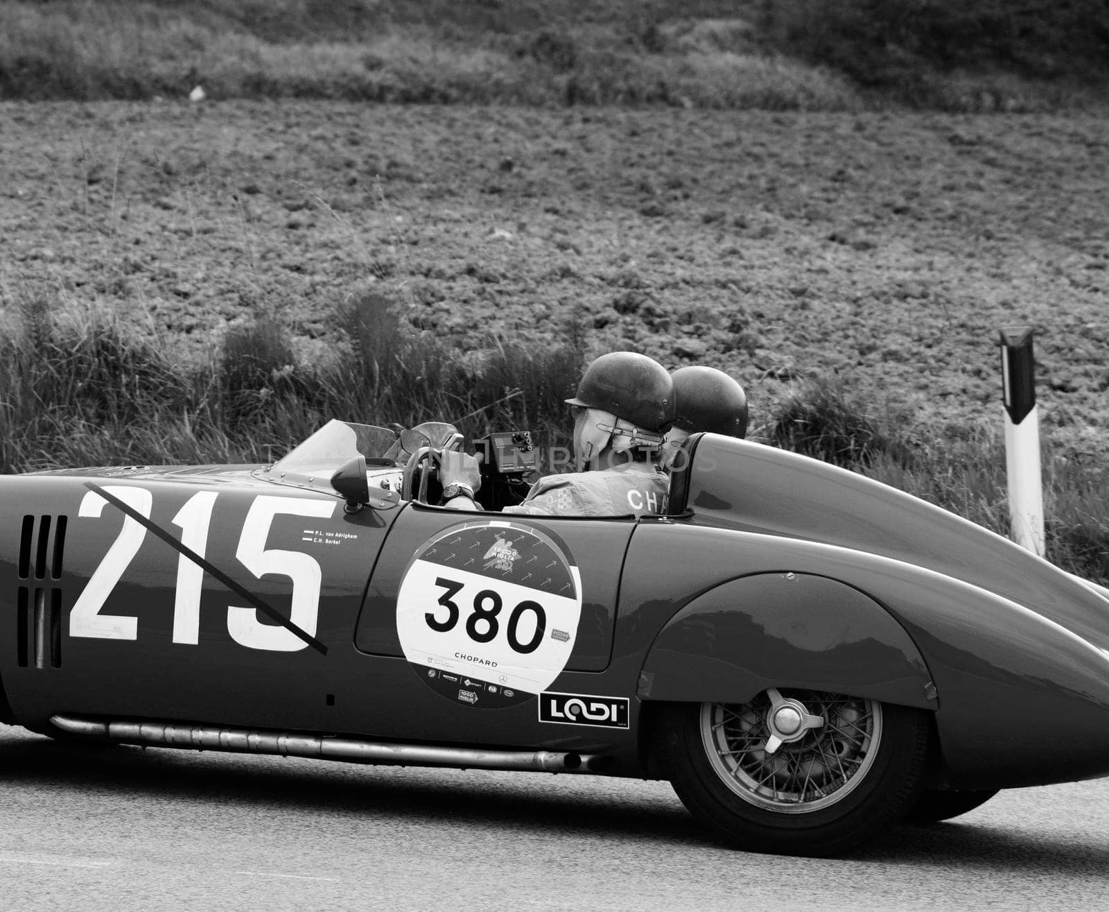 CAGLI , ITALY - OTT 24 - 2020 : OSCA S187/750 1956 on an old racing car in rally Mille Miglia 2020 the famous italian historical race (1927-1957