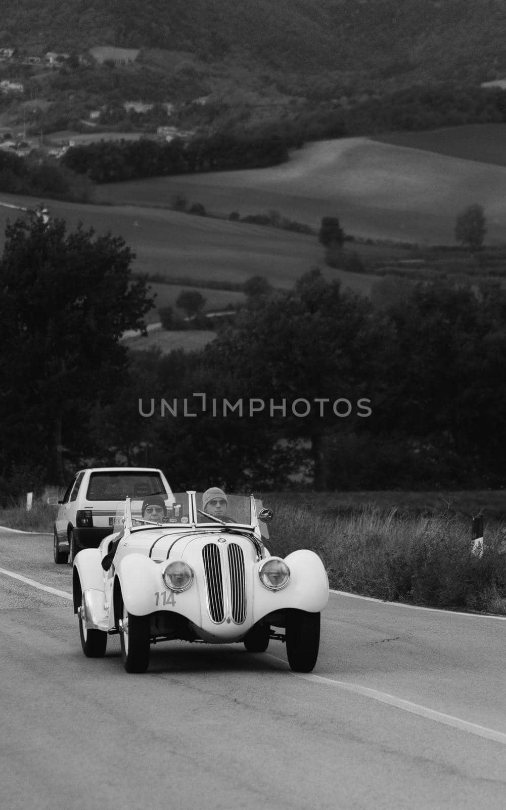 CAGLI , ITALY - OTT 24 - 2020 : BMW 328 1939 on an old racing car in rally Mille Miglia 2020 the famous italian historical race (1927-1957)