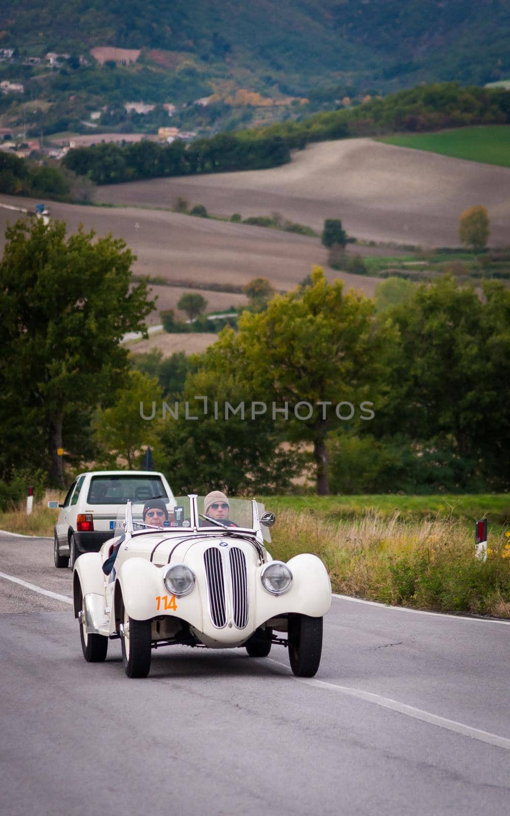 CAGLI , ITALY - OTT 24 - 2020 : BMW 328 1939 on an old racing car in rally Mille Miglia 2020 the famous italian historical race (1927-1957)