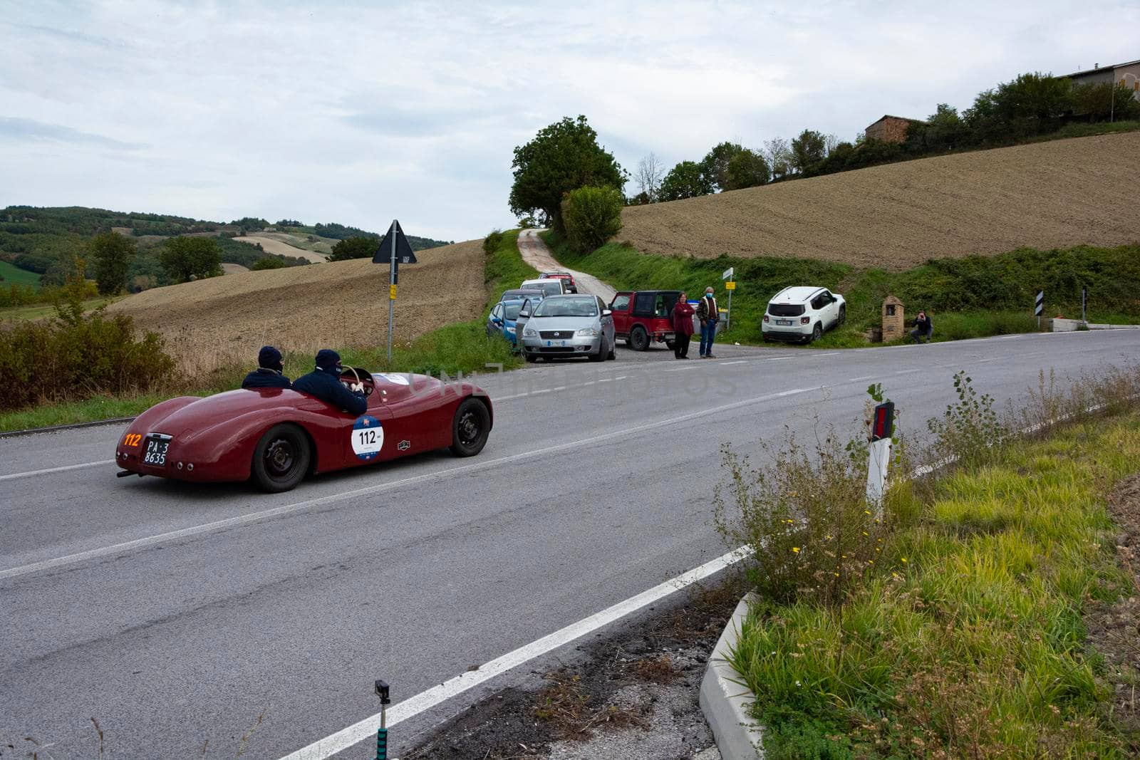 CAGLI , ITALY - OTT 24 - 2020 : FIAT-LANCIA APRILIA BARCHETTA FAINA 1939 on an old racing car in rally Mille Miglia 2020 the famous italian historical race (1927-1957