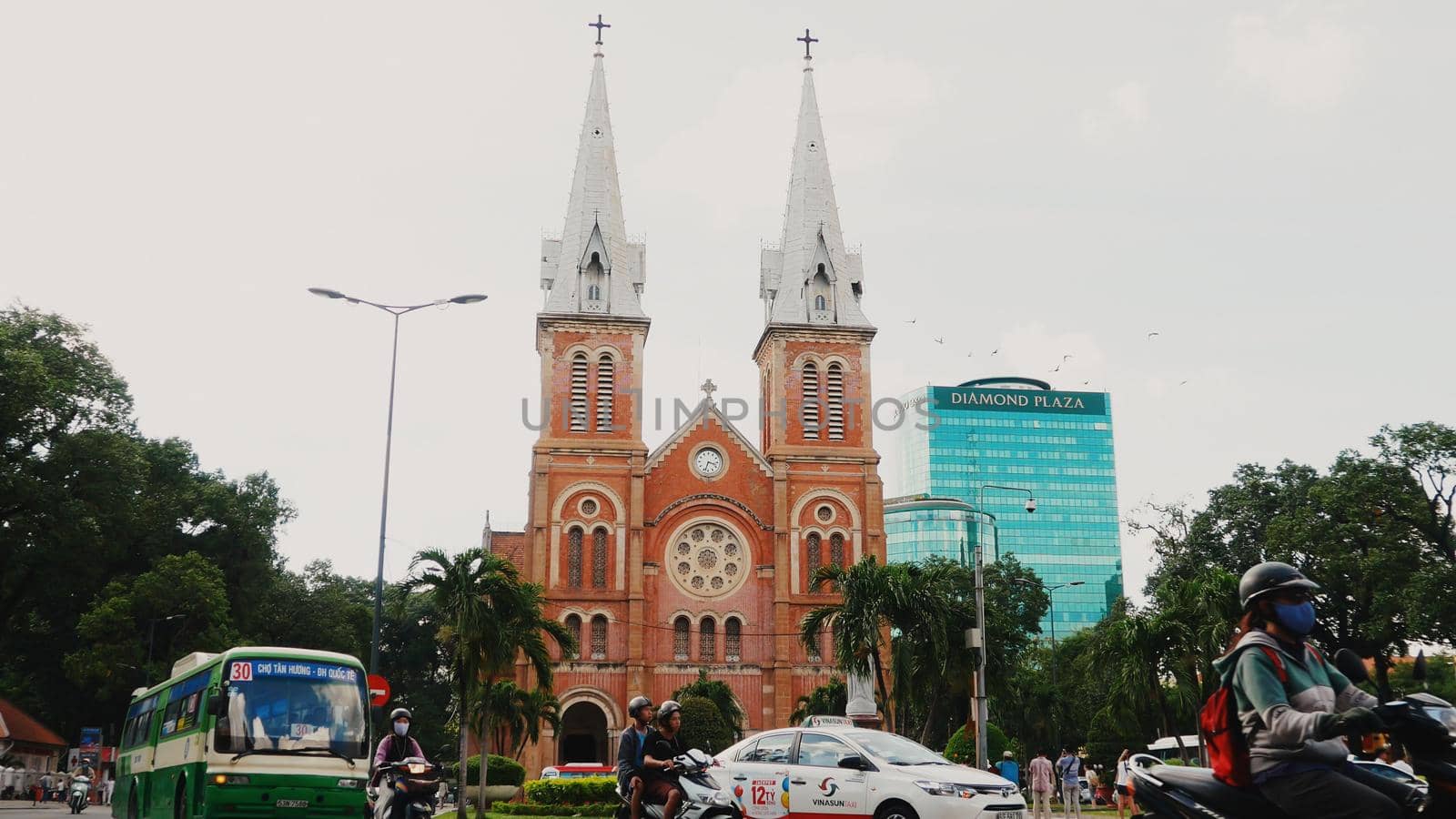 Saigon Notre-Dame Cathedral Basilica Basilica of Our Lady of The Immaculate Conception on blue sky background in Ho Chi Minh city, Vietnam. Ho Chi Minh is a popular tourist destination of Asia