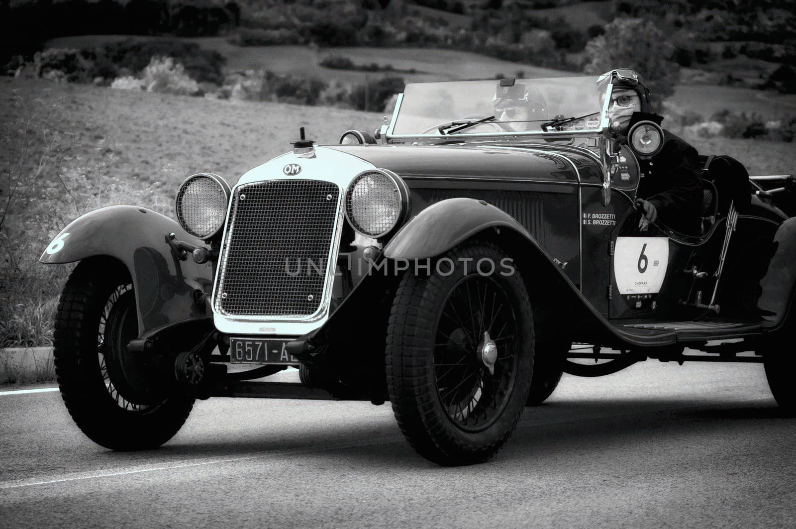 CAGLI , ITALY - OTT 24 - 2020 : O.M. 665 SS MM 1930 on an old racing car in rally Mille Miglia 2020 the famous italian historical race (1927-1957)