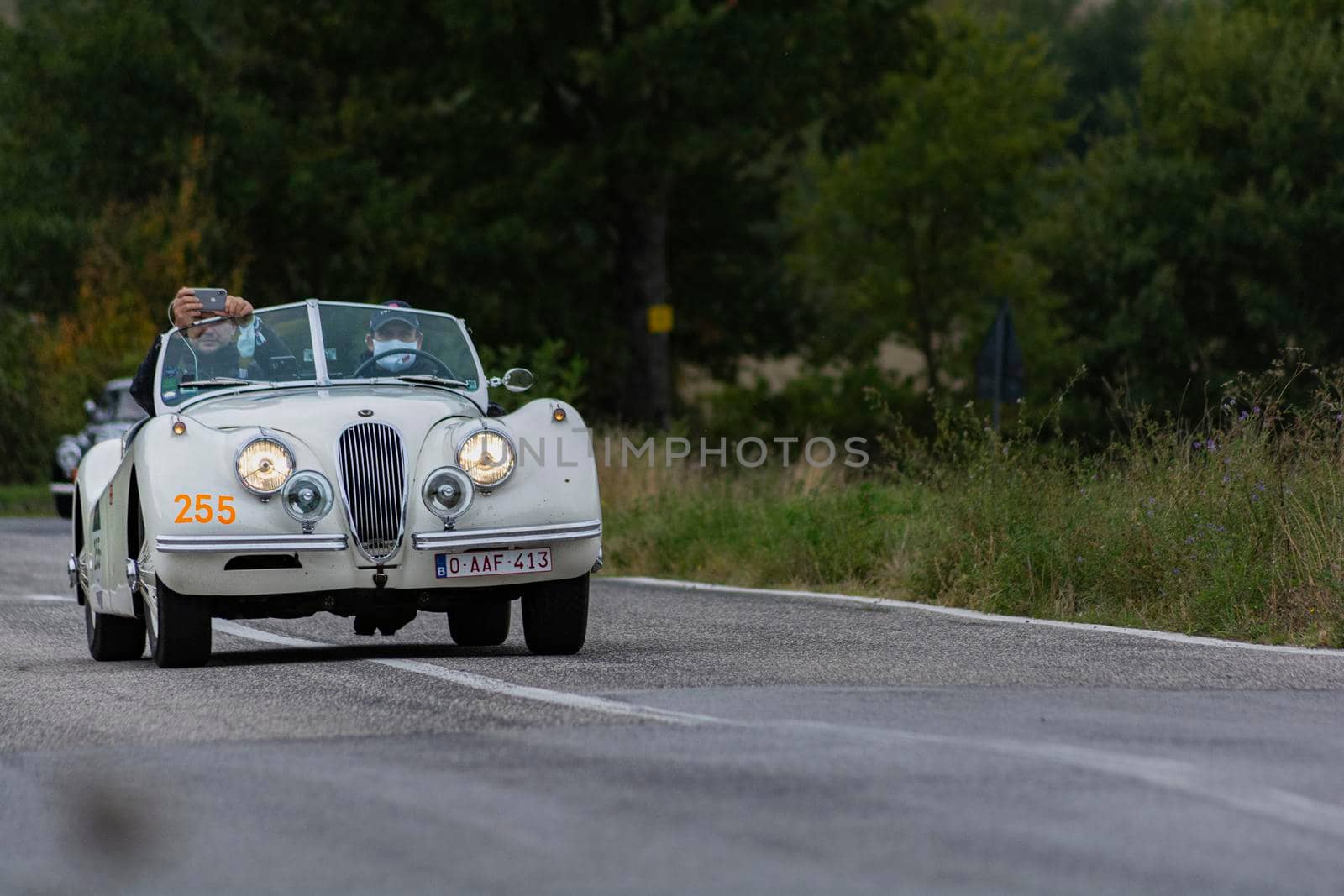 CAGLI , ITALY - OTT 24 - 2020 : JAGUAR XK 120 SE OTS 1954 on an old racing car in rally Mille Miglia 2020 the famous italian historical race (1927-1957