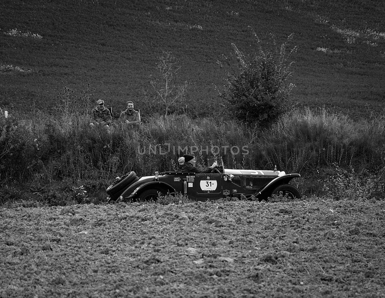 CAGLI , ITALY - OTT 24 - 2020 : LANCIA LAMBDA TIPO 223 CORTO SPIDER 1928 on an old racing car in rally Mille Miglia 2020 the famous italian historical race (1927-1957