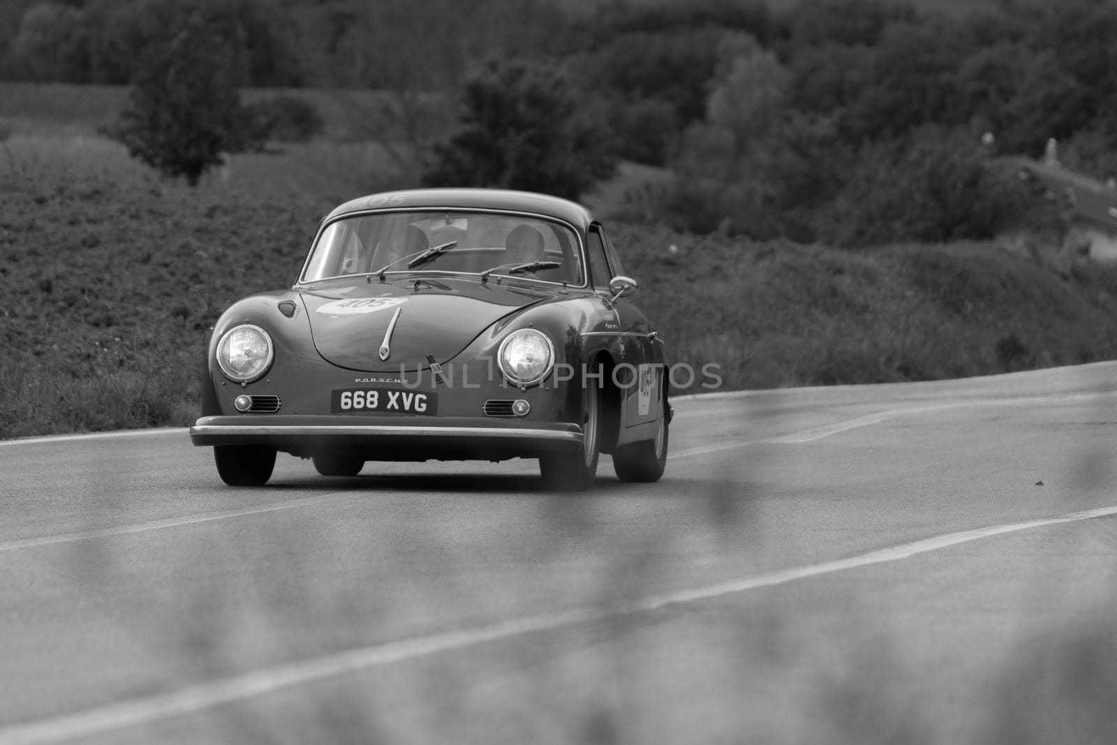 CAGLI , ITALY - OTT 24 - 2020 : PORSCHE 356 A CARRERA 1500 GS 1956 on an old racing car in rally Mille Miglia 2020 the famous italian historical race (1927-1957)