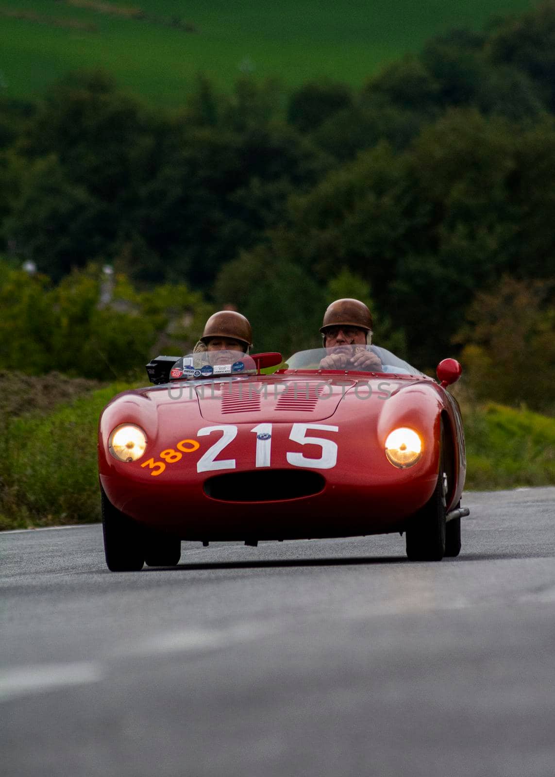 CAGLI , ITALY - OTT 24 - 2020 : OSCA S187/750 1956 on an old racing car in rally Mille Miglia 2020 the famous italian historical race (1927-1957