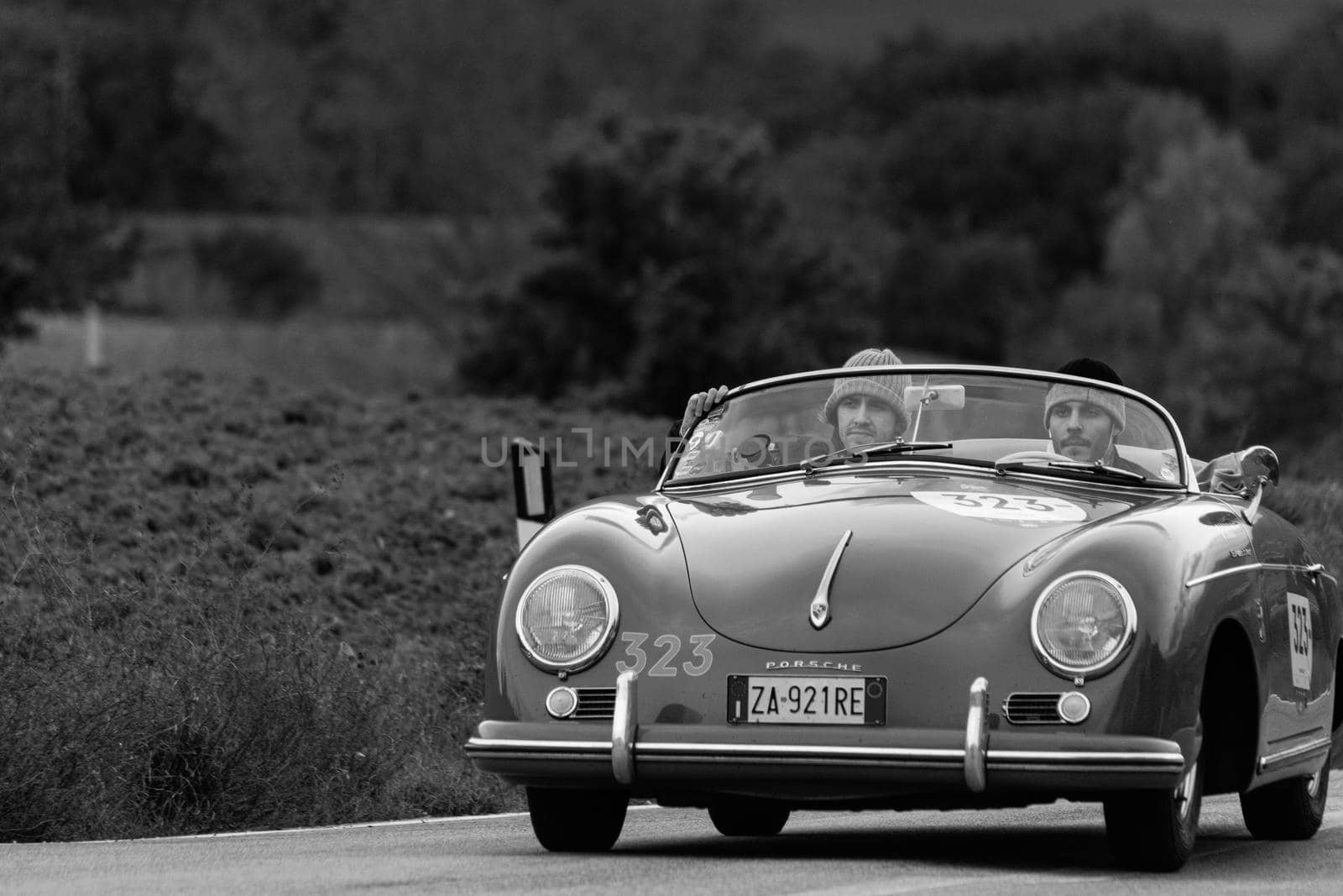 CAGLI , ITALY - OTT 24 - 2020 : PORSCHE 356 1500 SPEEDSTER 1955 on an old racing car in rally Mille Miglia 2020 the famous italian historical race (1927-1957