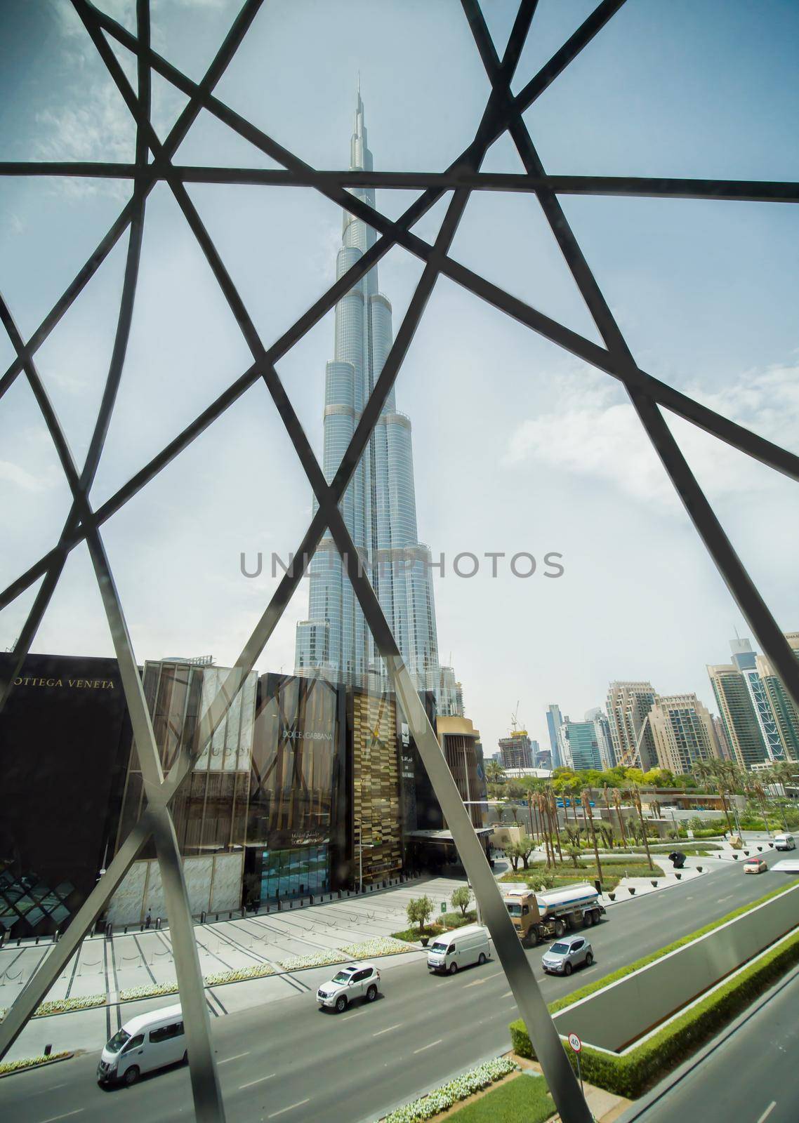 View of the Burj Khalifa through the Dubai Mall window