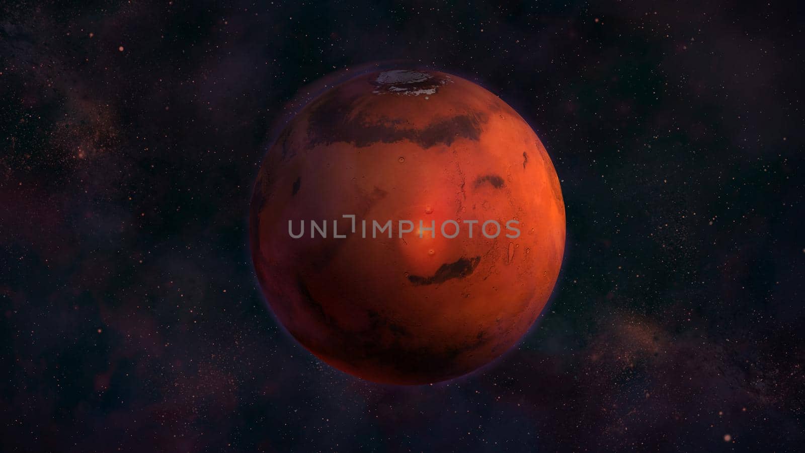 Realistic Mars from space showing Elysium Mons. Red planet in the starry sky.