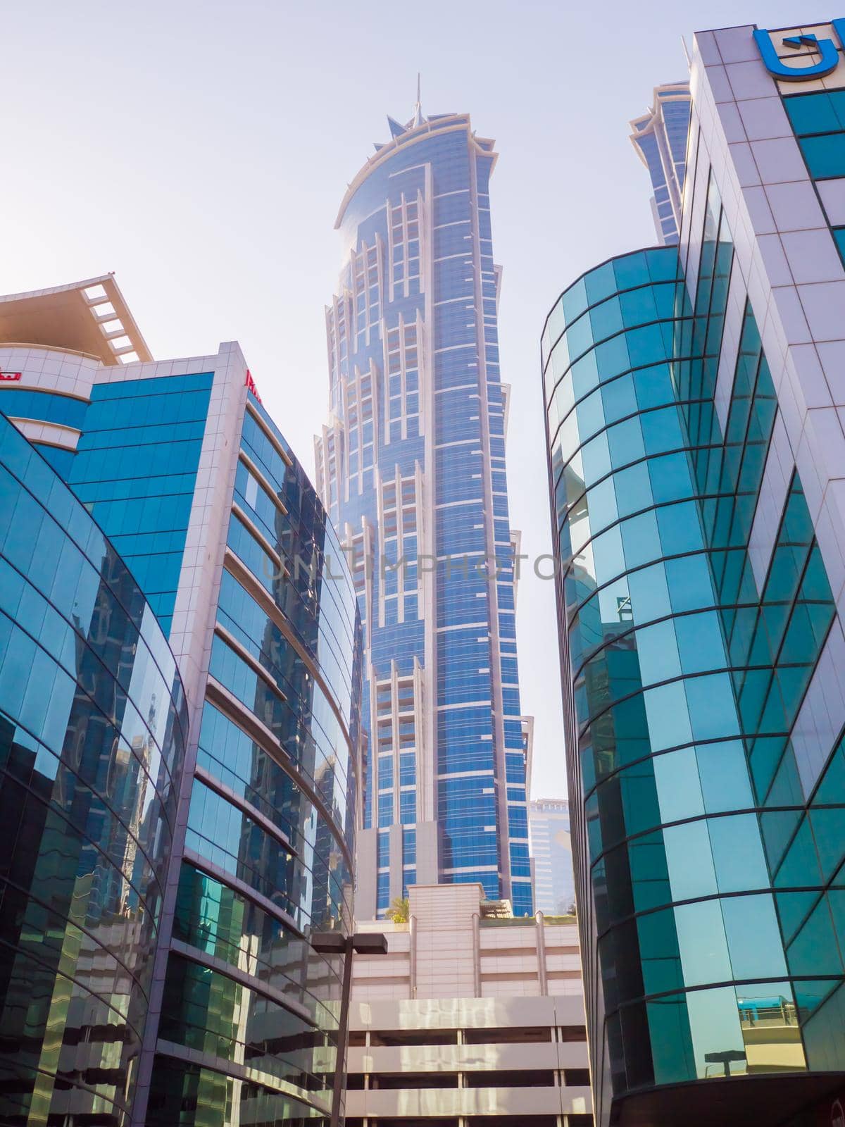 Streets with modern skyscrapers of the city of Dubai