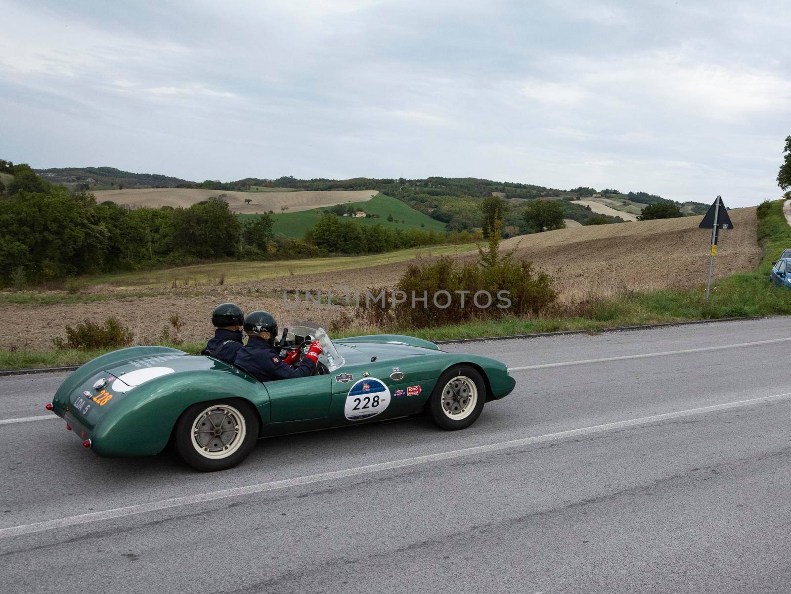 CAGLI , ITALY - OTT 24 - 2020 : KIEFT TURNER 1953 on an old racing car in rally Mille Miglia 2020 the famous italian historical race (1927-1957)