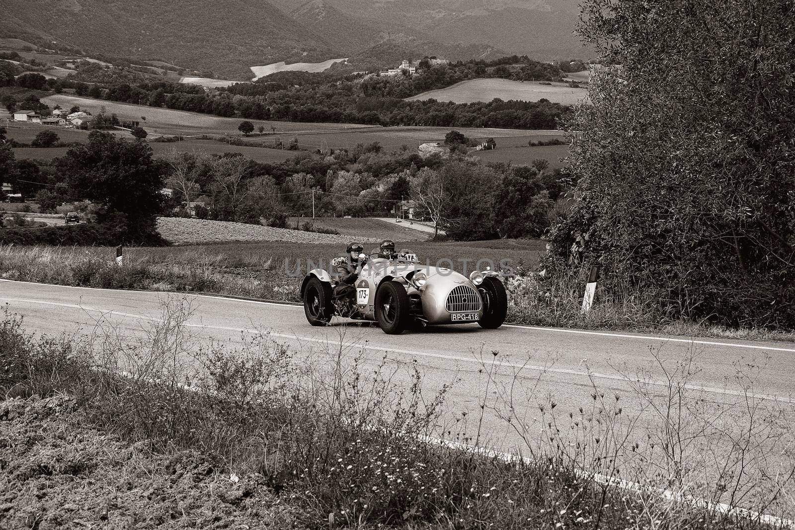 CAGLI , ITALY - OTT 24 - 2020 : HW ALTA-JAGUAR 1951 on an old racing car in rally Mille Miglia 2020 the famous italian historical race (1927-1957