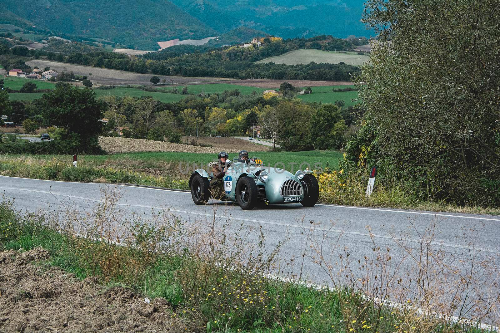 CAGLI , ITALY - OTT 24 - 2020 : HW ALTA-JAGUAR 1951 on an old racing car in rally Mille Miglia 2020 the famous italian historical race (1927-1957