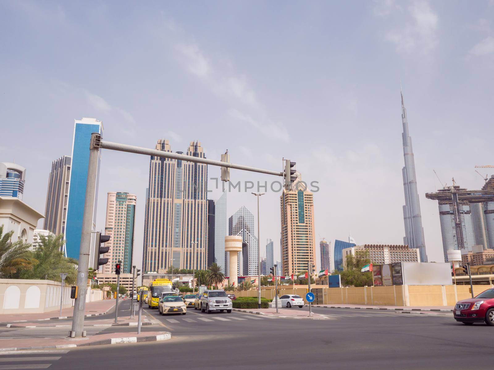 Panorama of tall Skyscrapers in skyline of Dubai. by DovidPro