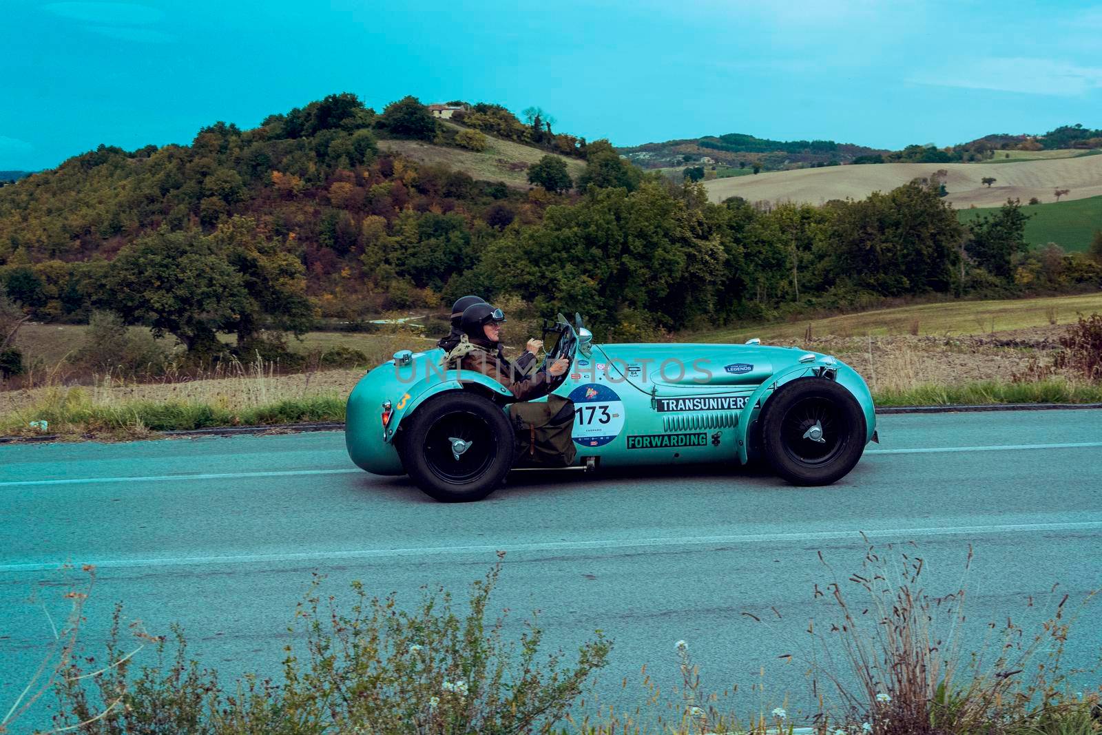 CAGLI , ITALY - OTT 24 - 2020 : HW ALTA-JAGUAR 1951 on an old racing car in rally Mille Miglia 2020 the famous italian historical race (1927-1957