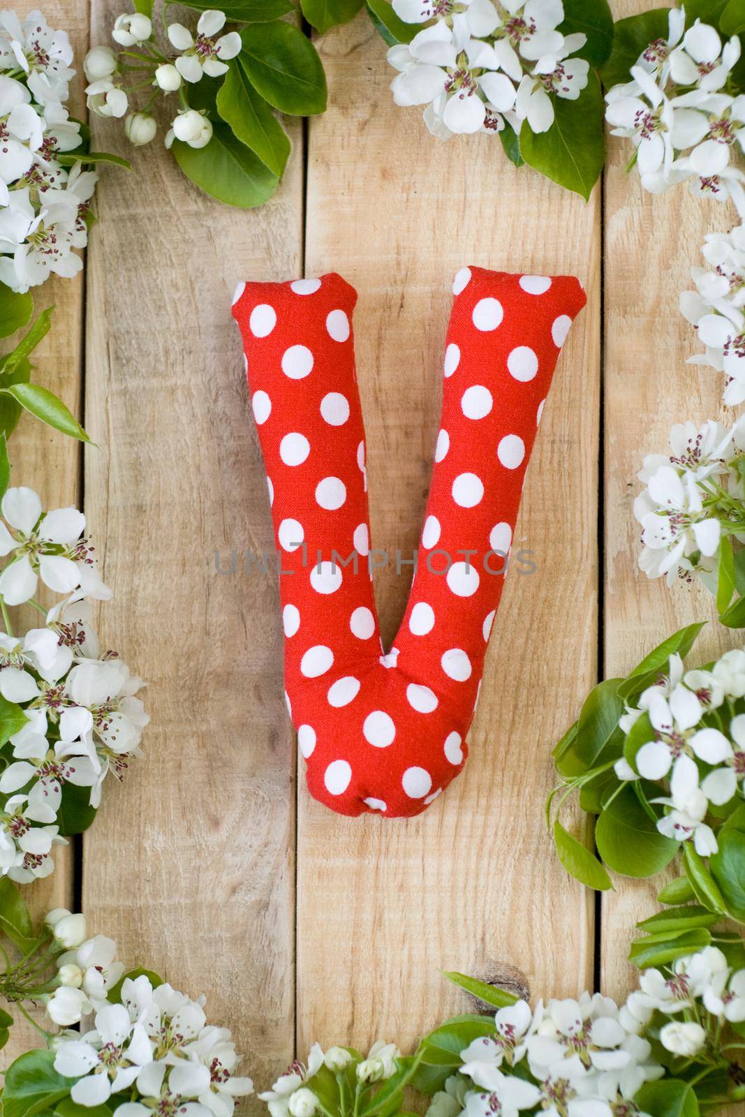 Natural wooden background with white flowers fruit tree. In the middle is the letter V, is made of red polka dot fabric.