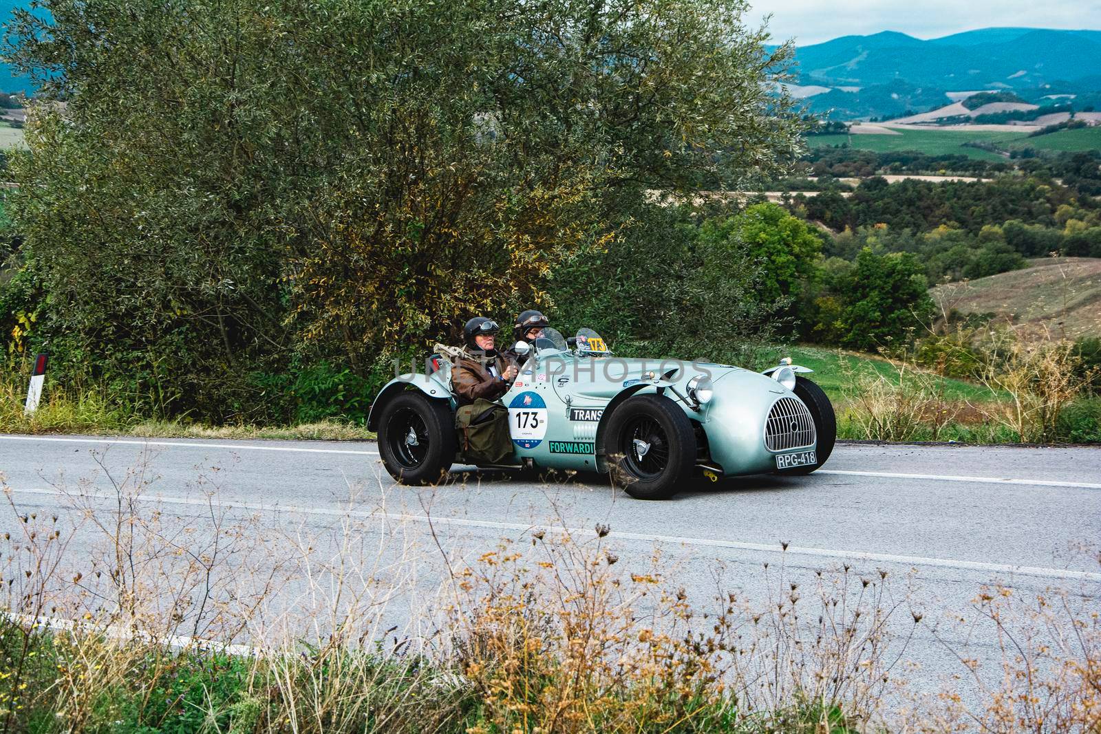 CAGLI , ITALY - OTT 24 - 2020 : HW ALTA-JAGUAR 1951 on an old racing car in rally Mille Miglia 2020 the famous italian historical race (1927-1957