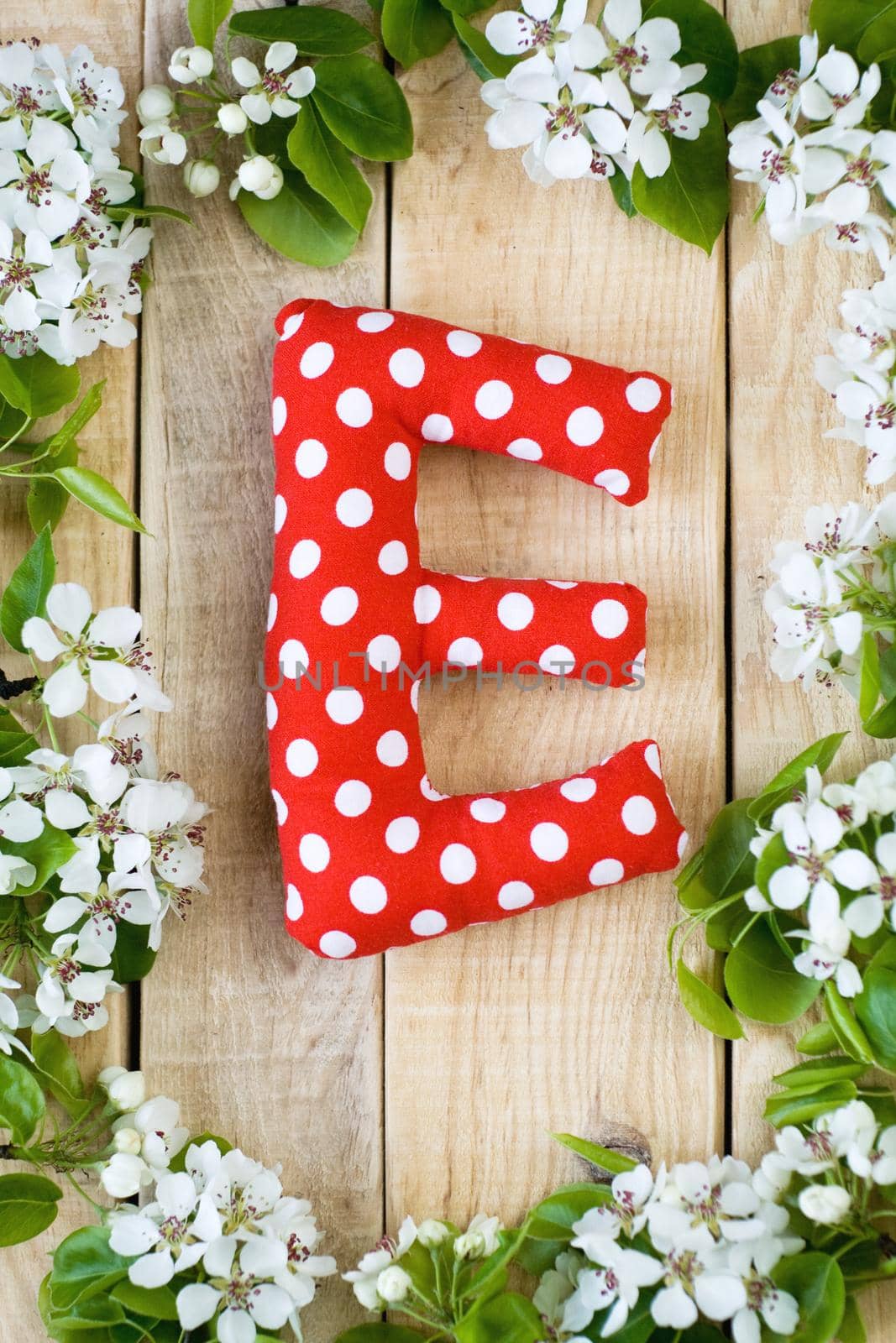 Natural wooden background with white flowers fruit tree. In the middle is the letter E, is made of red polka dot fabric. by Myrka