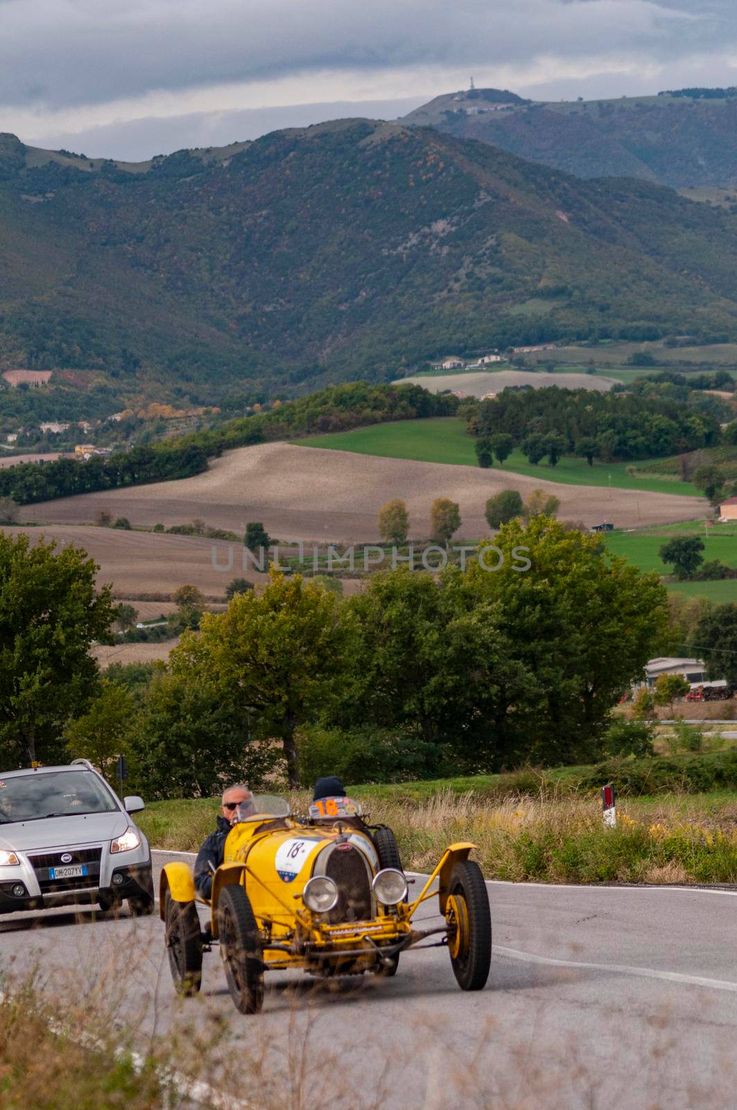 CAGLI , ITALY - OTT 24 - 2020 : BUGATTI T 35 A 1925 on an old racing car in rally Mille Miglia 2020 the famous italian historical race (1927-1957)