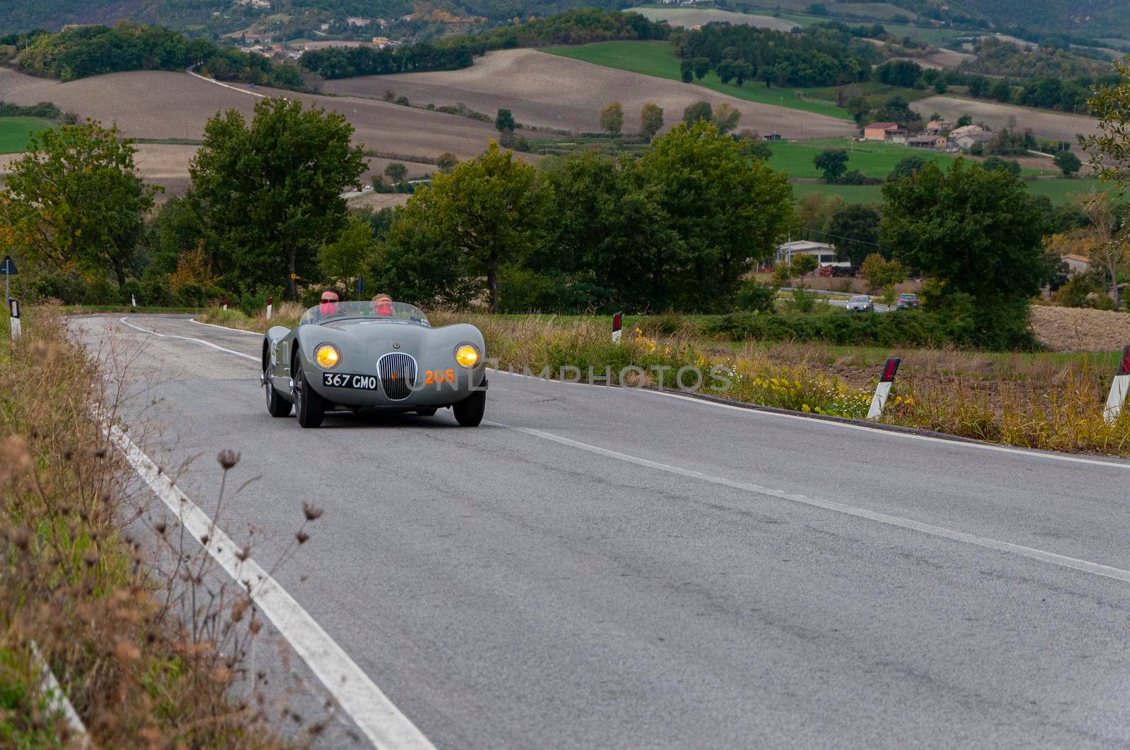 JAGUAR C-TYPE 1952 on an old racing car in rally Mille Miglia 2020 the famous italian historical race (1927-1957 by massimocampanari