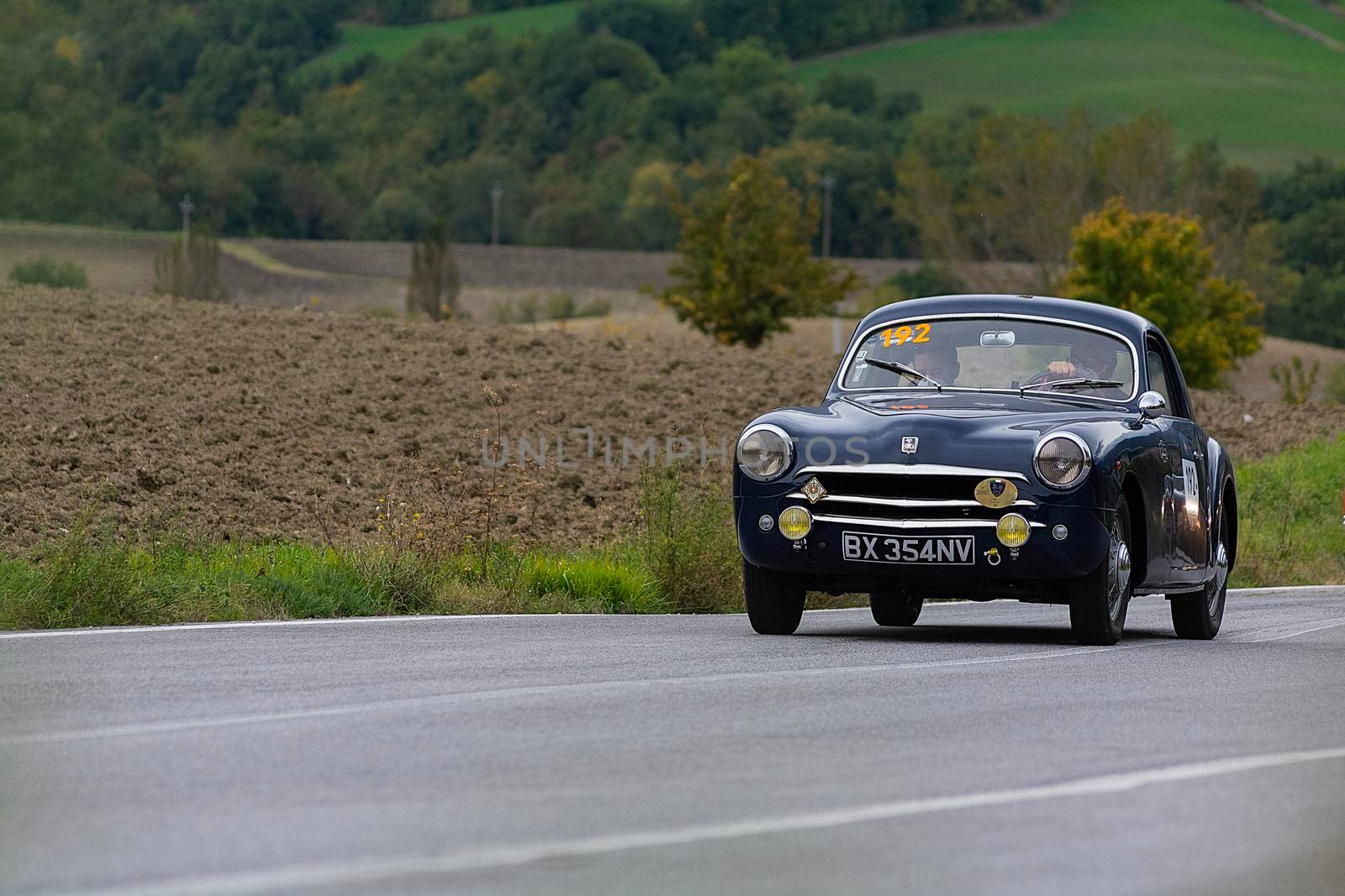 SIMCA 9 ARONDE COUPÉ 1952 on an old racing car in rally Mille Miglia 2020 the famous italian historical race (1927-1957) by massimocampanari