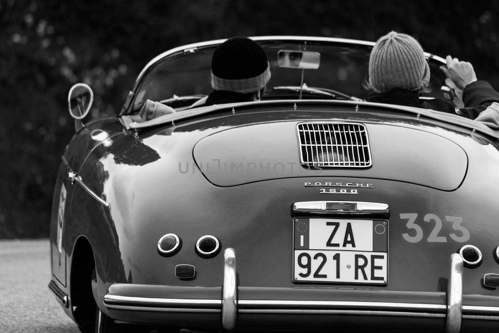 CAGLI , ITALY - OTT 24 - 2020 : PORSCHE 356 1500 SPEEDSTER 1955 on an old racing car in rally Mille Miglia 2020 the famous italian historical race (1927-1957