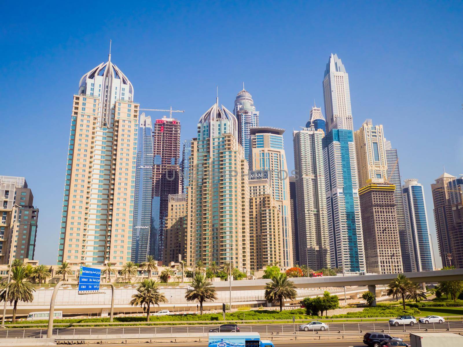 Panorama of tall Skyscrapers in skyline of Dubai