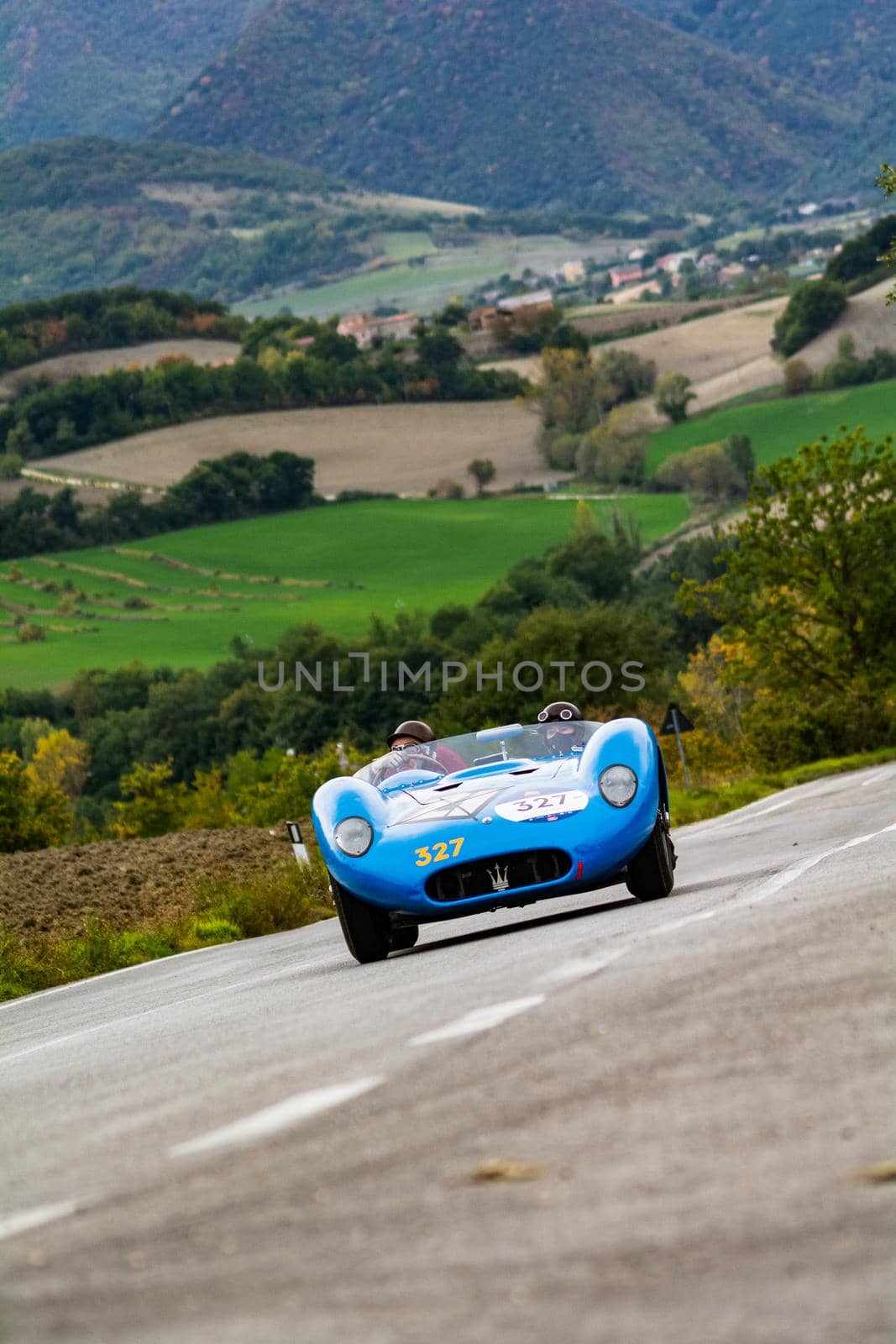 CAGLI , ITALY - OTT 24 - 2020 : MASERATI 200 S1955 on an old racing car in rally Mille Miglia 2020 the famous italian historical race (1927-1957)