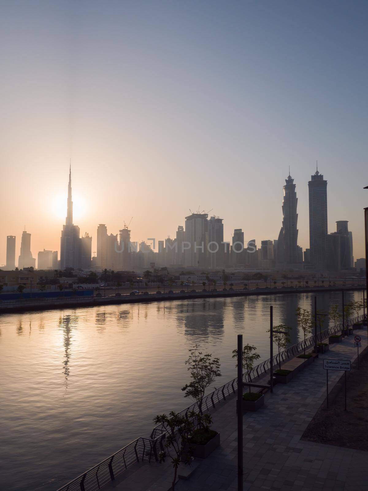 Panorama of the city of Dubai early in the morning at sunrise with a bridge over the city channel Dubai Greek